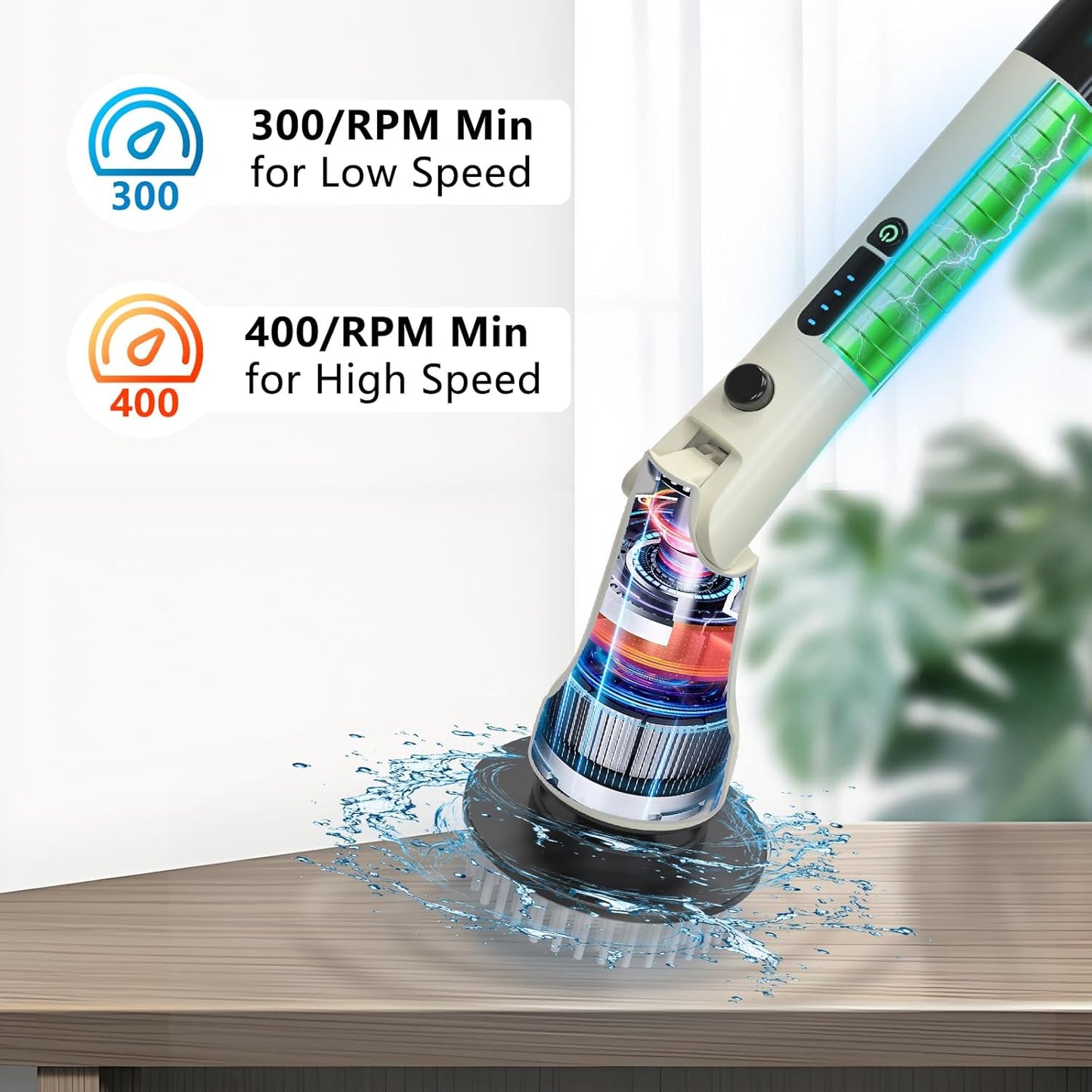Electric Spin Scrubber, Hillyfe Bathroom Scrubber Electric with 7 Replaceable Brush Heads, IPX7 Waterproof,300/400 RPM, 3 Adjustable Length,Scrubber Brush Electric for Bathtub Floor,White