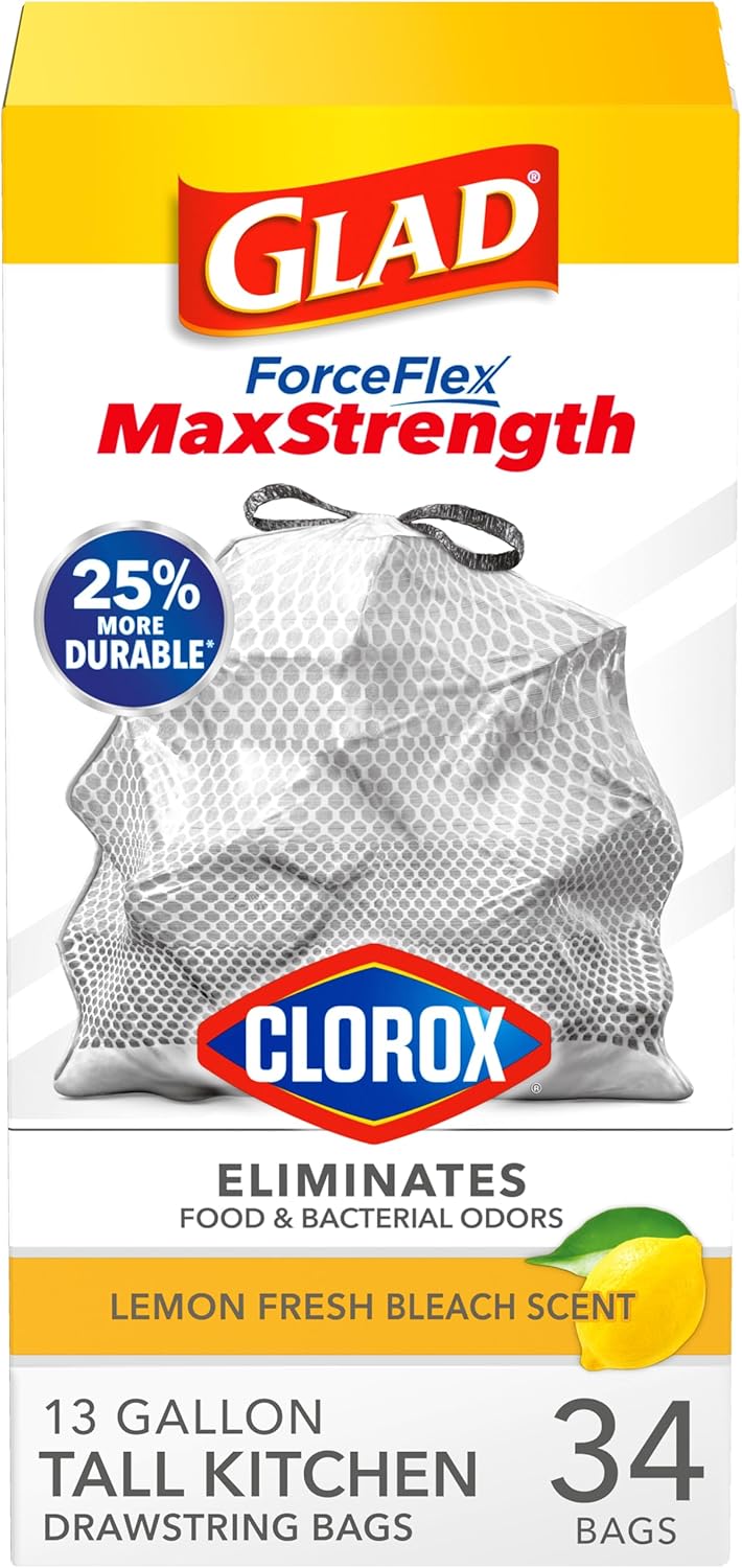 Glad Tall Kitchen Trash Bags 13 Gallon, MaxStrength Beachside Breeze Garbage Bags, Odorshield with Drawstring, 34 Count
