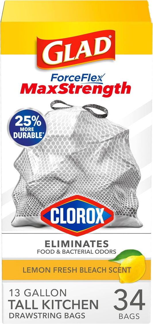 Glad Tall Kitchen Trash Bags 13 Gallon, MaxStrength Beachside Breeze Garbage Bags, Odorshield with Drawstring, 34 Count