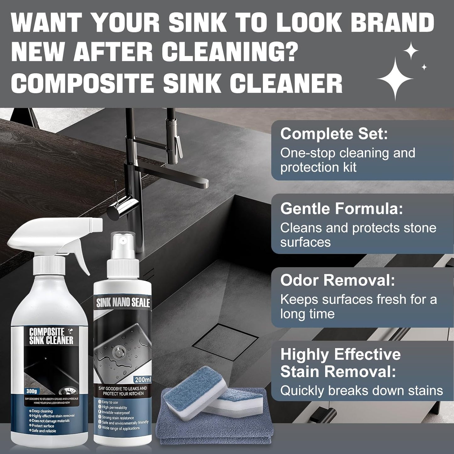 Granite Cleaner and Sealer for Granite Ceramic, Natural Stone Sinks, Restores Shine, Waterproof, All-in-One Cleaning Included 300g Granite Cleaner, 200ml Granite Sealer, 2 Sponges & Microfiber Cloth