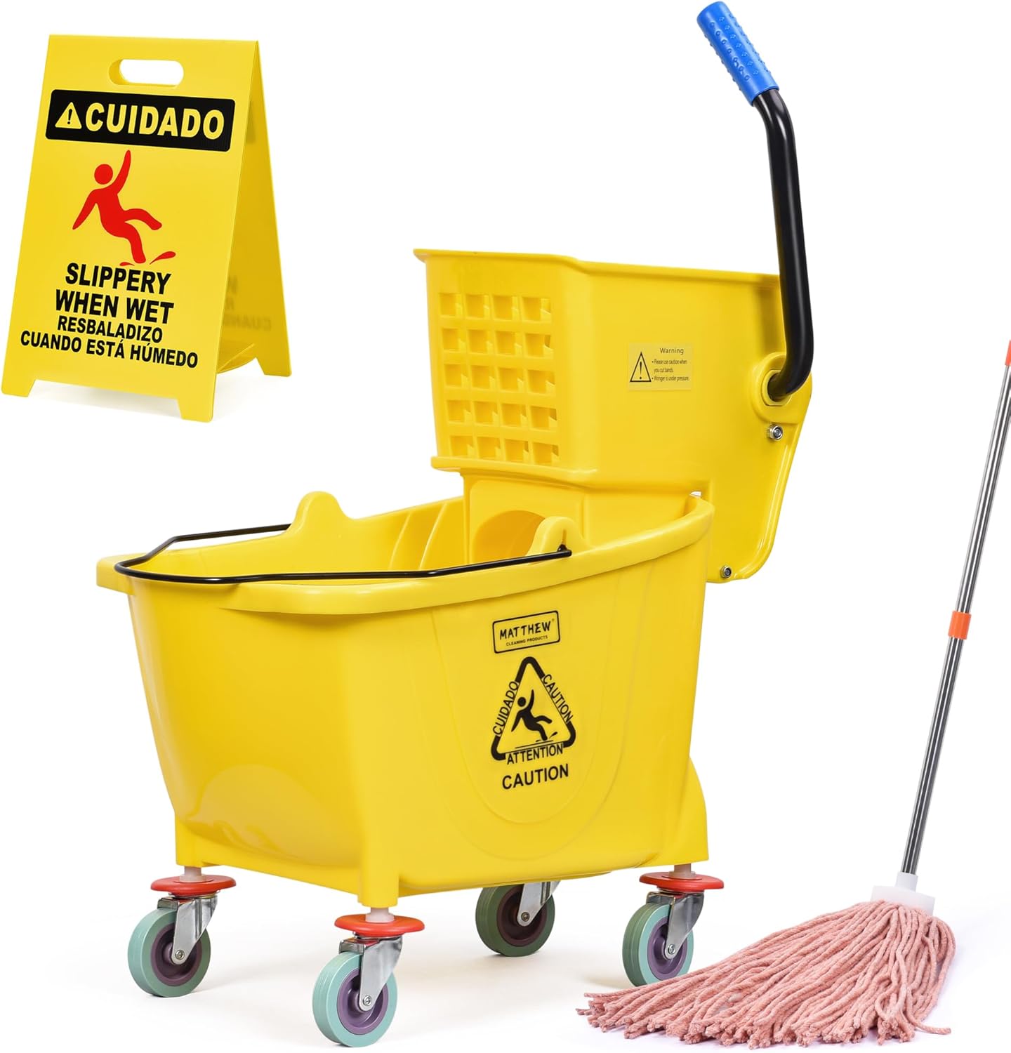 Matthew Cleaning 34 Quart Commercial Mop Bucket INCL.Wet String Mop with Side Press Wringer On Wheels,Heavy Duty Tandem Portable Floor Cleaning Wavebrake,Ideal for Household,Industrial,Restaurant