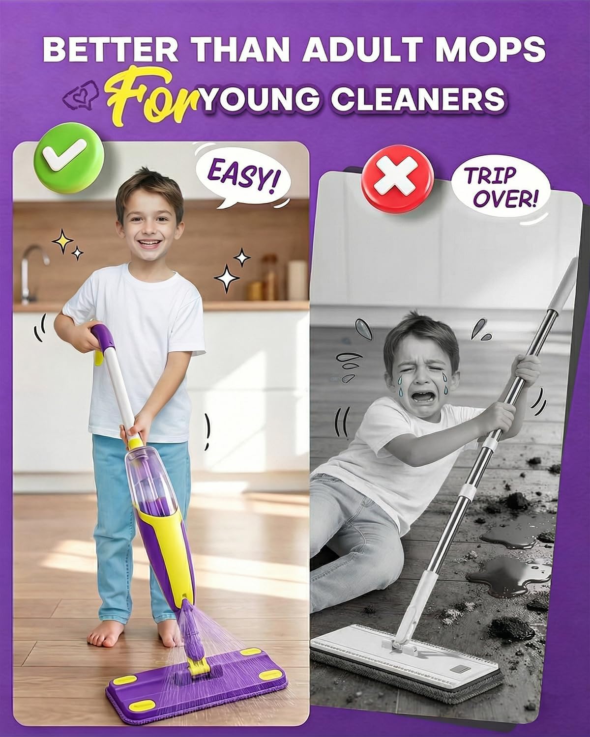 Kids Spray Mop Toddler Cleaning Set with Realistic Spray Bottle 2 Washable Pads and Scraper Montessori Pretend Play Housekeeping Toy for Boys Girls Age 1-3
