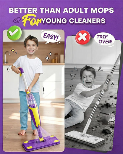 Kids Spray Mop Toddler Cleaning Set with Realistic Spray Bottle 2 Washable Pads and Scraper Montessori Pretend Play Housekeeping Toy for Boys Girls Age 1-3