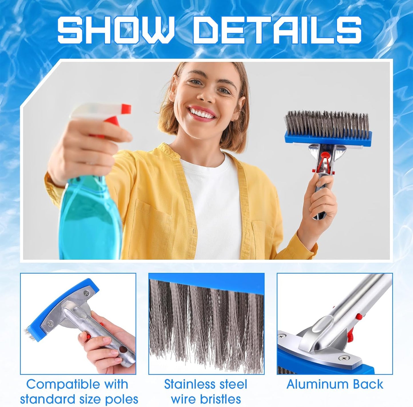 Gejoy 1 Pcs 5" Stainless Steel Brush Pool Brush Head for Inground Pools, Algae Metal Wire Bristles and Aluminum Back Scrubber Heavy Duty Curved Ends for Tiles, Rust Stains Concrete Walls