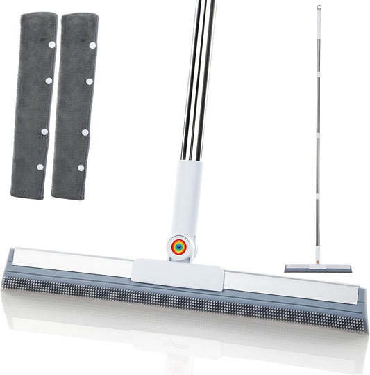 Squeegee Broom for Floor, 62" Long Handle Rubber Broom for Pet Hair Removal, Magic Broom Squeegee for Garage Floor, Concrete, Tile, Carpet & Windows with 2 Microfiber Pads