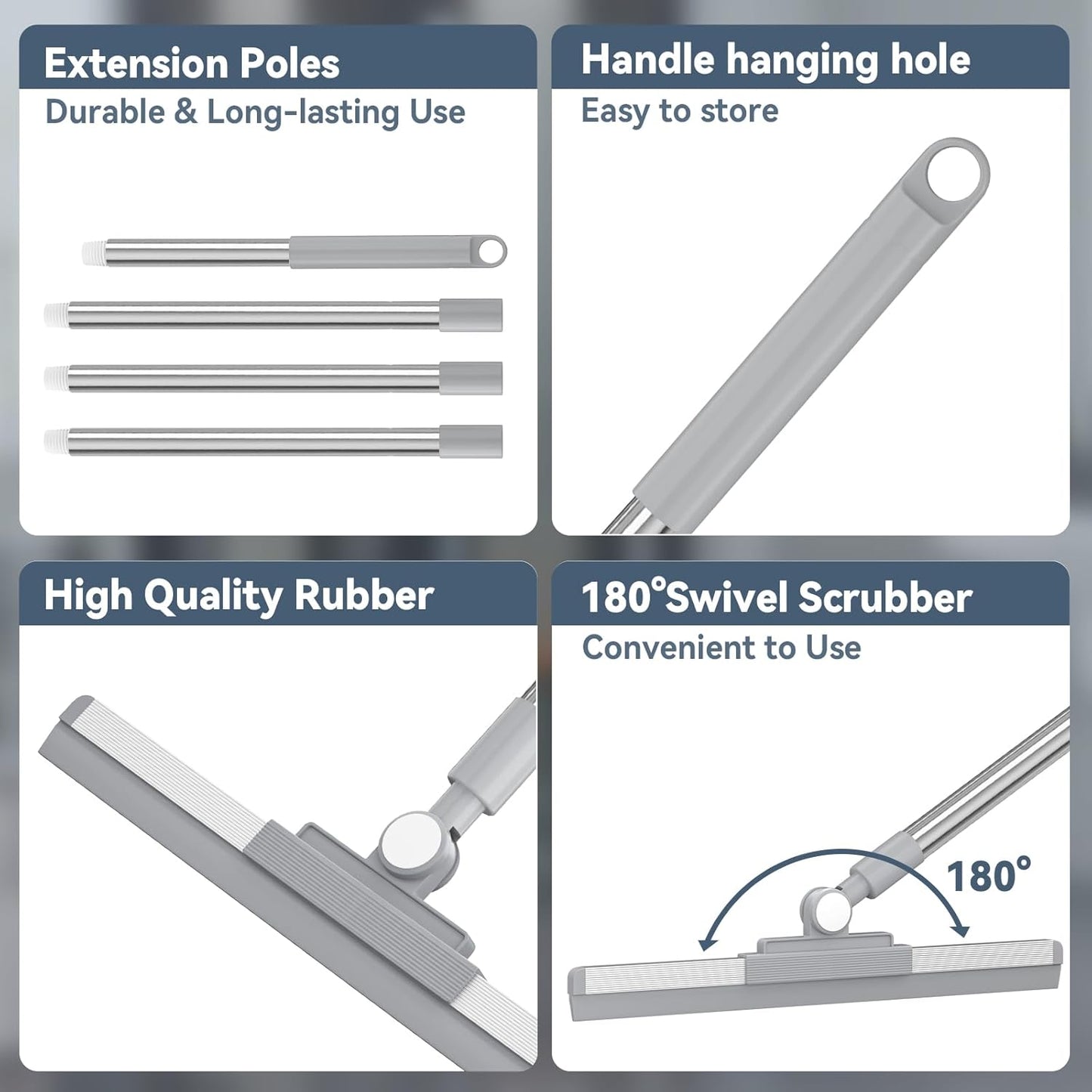 Floor Squeegee with 180° Rotating Head, Squeegee for Floor with 52'' Long Handle, Squeegee Broom, Squeegee for Window Cleaning, Bathroom Tile, Garage Concrete, Deck, Shower Glass (White)