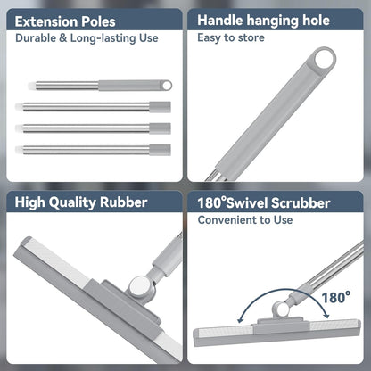 Floor Squeegee with 180° Rotating Head, Squeegee for Floor with 52'' Long Handle, Squeegee Broom, Squeegee for Window Cleaning, Bathroom Tile, Garage Concrete, Deck, Shower Glass (White)