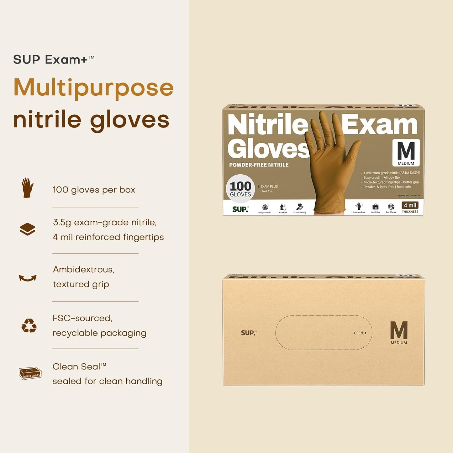 SUP Powder-Free Nitrile Gloves, 100 Count Food Safe Latex-Free Disposable Gloves for Medical Cooking Cleaning Food Prep, Tan