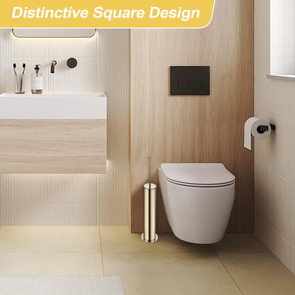 BGL Toilet Brush and Holder Set, Heavy Duty 304 Stainless Steel, Round Base and Long Handle for Bathroom Deep Cleaning, Drip-Proof, Space Saving for Storag, Polished Gold