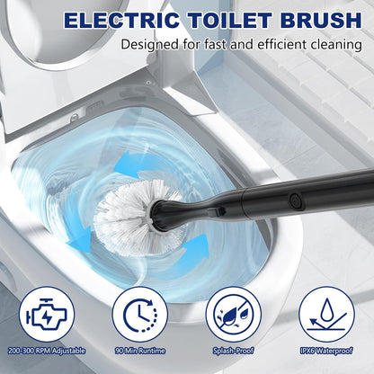 Electric Toilet Brush and Holder Set, Electric Toilet Bowl Brush, Toilet Brush Cleaner Set with 5 Refills Disposable Cleaner Brush, Floor Standing, Wall Mounted Without Drilling, Rechargeable, White