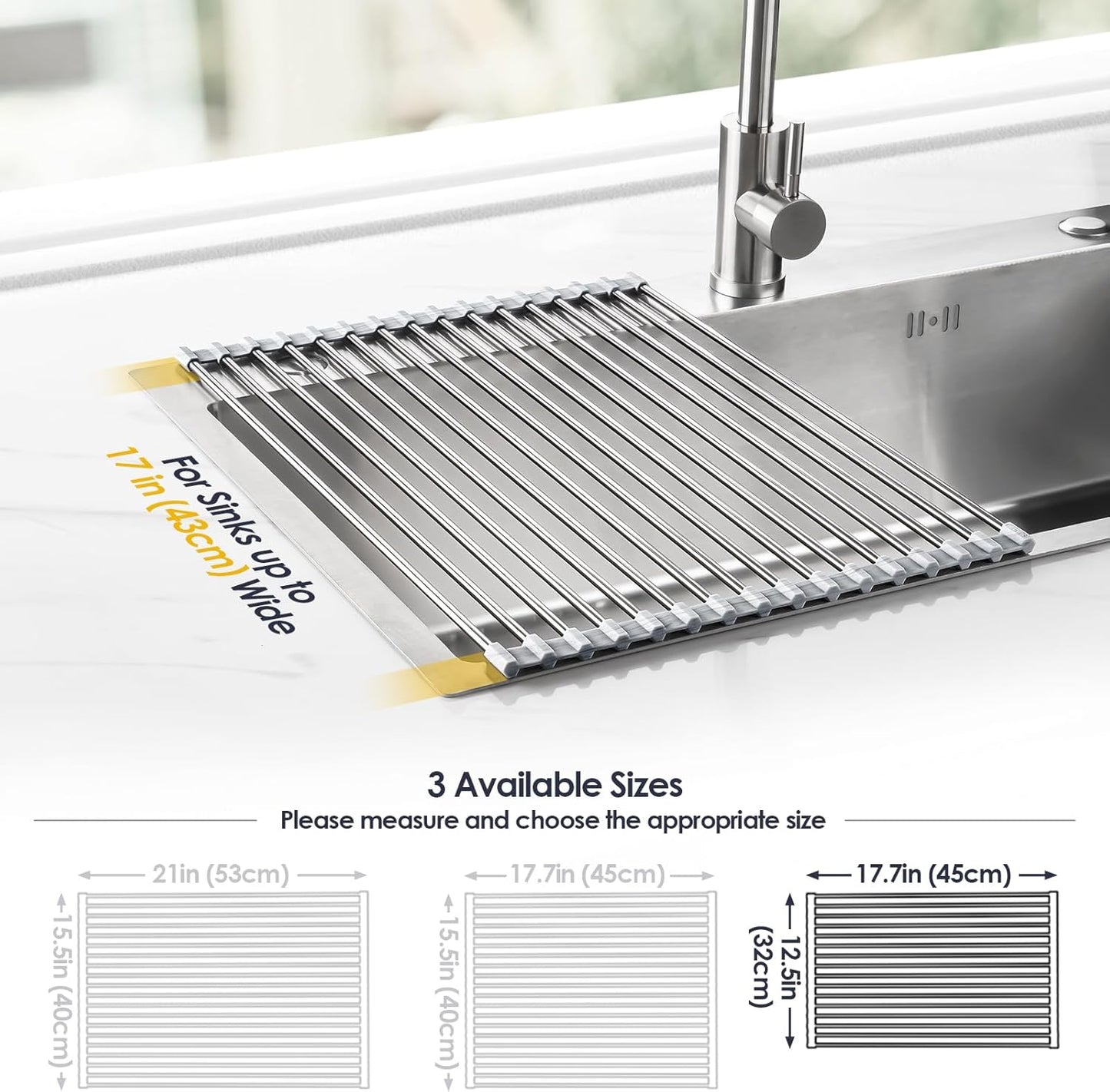 Tomorotec 17.7" x 15.5" Roll Up Dish Drying Rack Over Sink Drying Rack Sink Cover Kitchen Sink Accessories Gadget Multipurpose Organizer Foldable Stainless Steel Drainer (Grey)