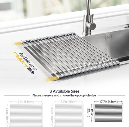 Tomorotec 17.7" x 15.5" Roll Up Dish Drying Rack Over Sink Drying Rack Sink Cover Kitchen Sink Accessories Gadget Multipurpose Organizer Foldable Stainless Steel Drainer (Grey)
