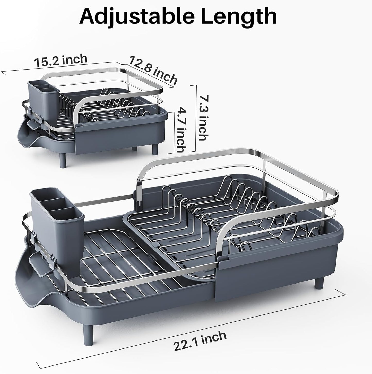 SNTD Dish Drying Rack, Expandable Dish Rack for Kitchen Counter, Stainless Steel Dish Drainer with Drainboard Set and Utensil Holder (Black)