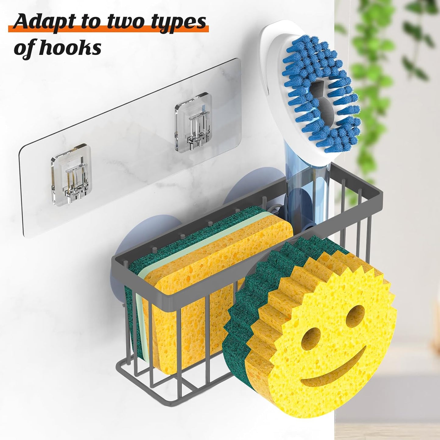 MURLONG Sponge Holder Smiley Face, Sink Caddy for kitchen Sink, Kitchen Organizer Sponge Holder with 2 PCS Suction Cups/1 PCS Adhesive Strips, Designed for Sponge, Soap, Dish brush, Scrubber-Black
