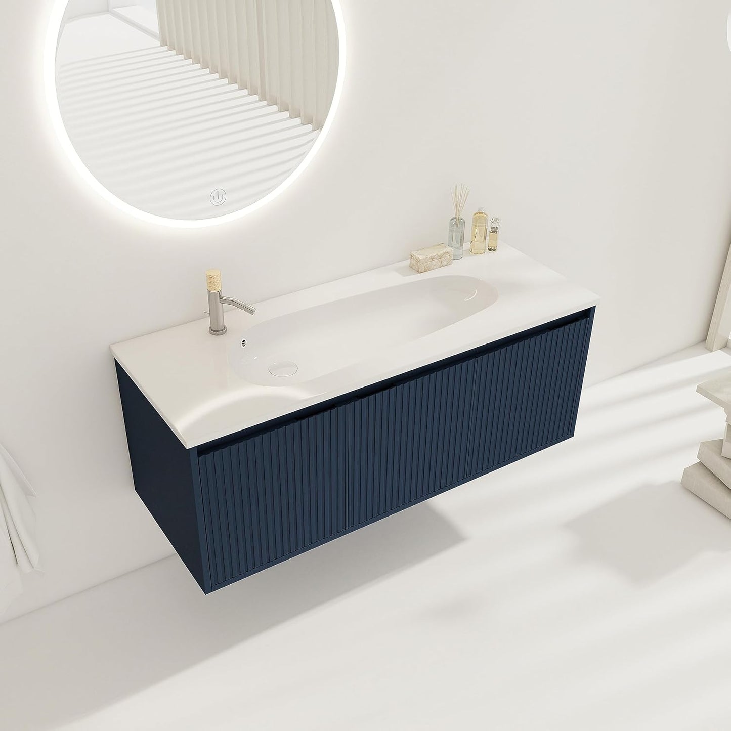 SSLine Modern 24-Inch Bathroom Vanity with Sink Wall Mounted Bathroom Vanity with Top Basin & Storage Cabinet White Wood Floating Vanity w/Ceramic Sink & Gold/Black Handles for Small Space