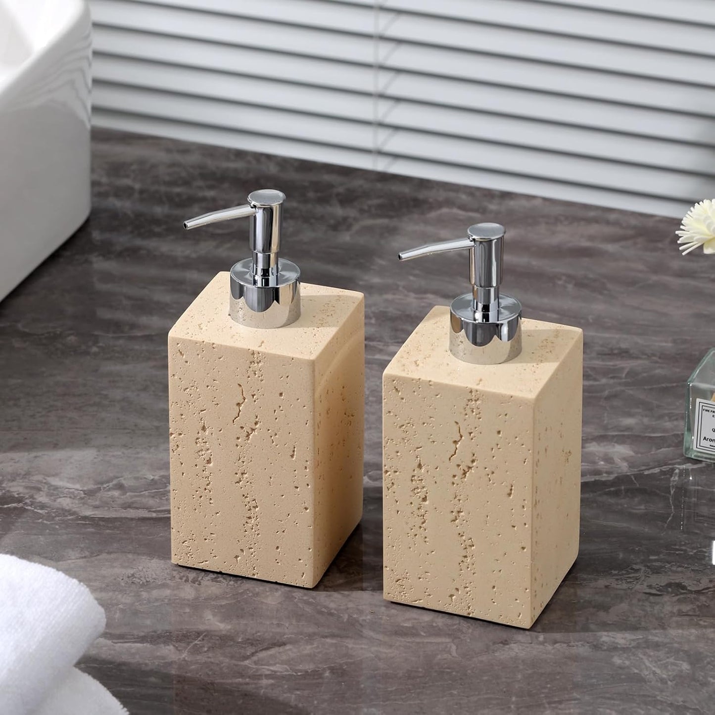 Soap Dispenser 420ML 14OZ, 2pcs Luxurious Hand Dish Soap Dispenser Set, Refillable Lotion Bottle with Rustproof Pump for Bathroom Countertop Kitchen Sink (Off White)