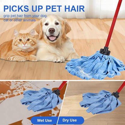 Microfiber Mop - 1 Mop Handle & 3 Blue Microfiber Mop Heads Replacement, Compatible with All Standard US Threading Pole Mop Handles for Floor Cleaning