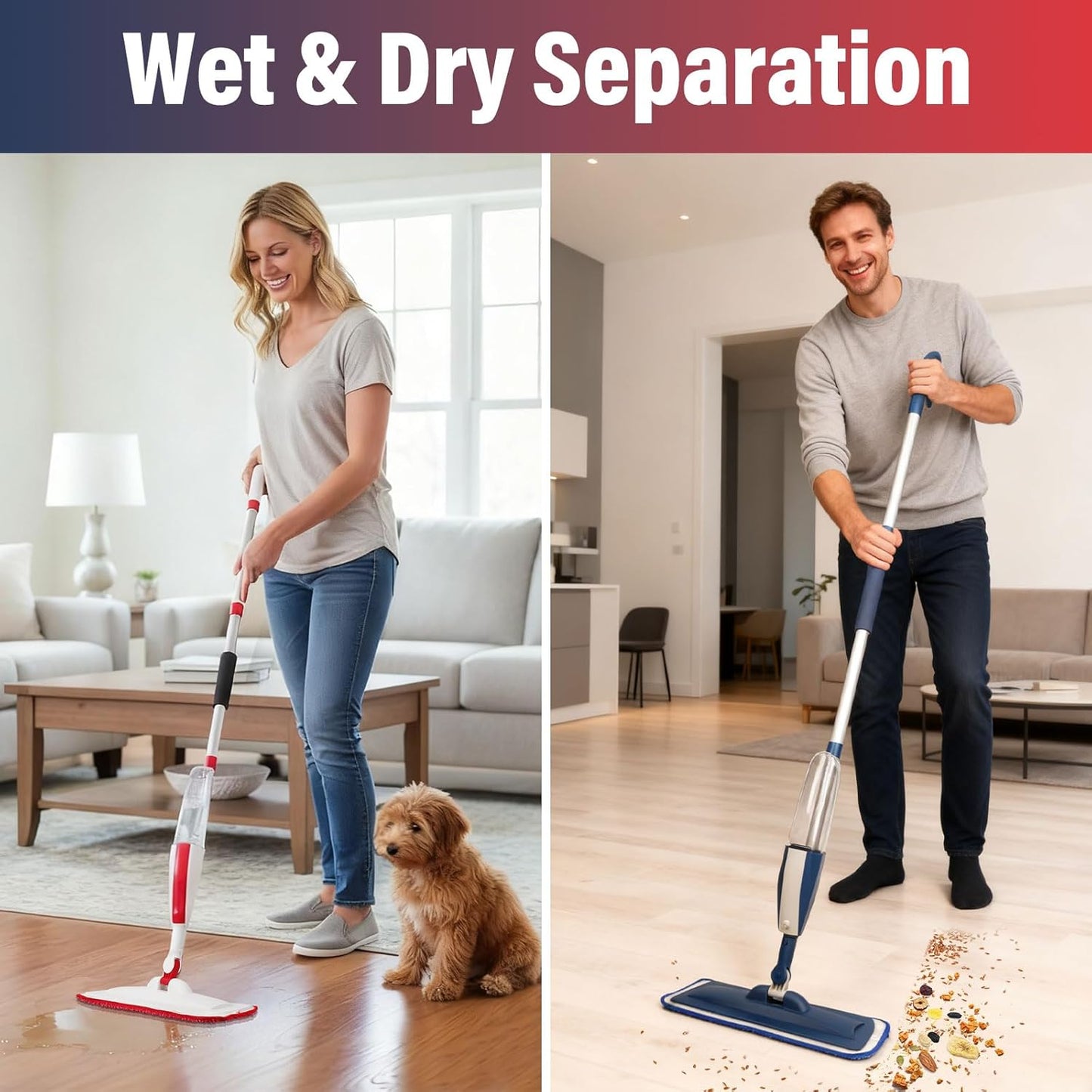 Mops for Floor Cleaning Wet Spray Mop with 14 oz Refillable Bottle and 2 Washable Microfiber Pads Home or Commercial Use Dry Wet Flat Mop for Hardwood Laminate Wood Ceramic