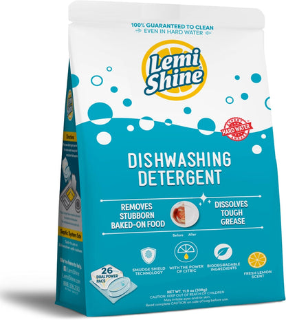 Lemi Shine Natural Dishwasher Pods | All-In-One Powder & Gel Dishwasher Detergent Pods with Powerful Citric Acid | Eco Friendly Dish Wash Cleaning Supplies (26 Count)