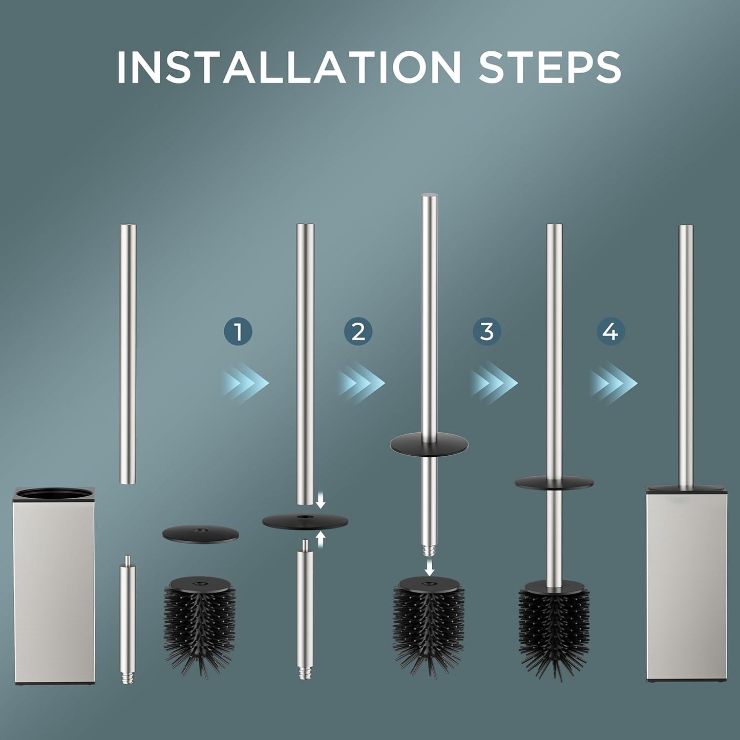 FORIOUS Toilet Brush and Holder Set, Heavy Duty 304 Stainless Steel Base Square and Long Handle for Bathroom Deep Cleaning, Drip-Proof, Space Saving for Storage, 2 Toilet Bowl Brush Head, Black