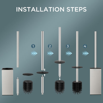 FORIOUS Toilet Brush and Holder Set, Heavy Duty 304 Stainless Steel Base Square and Long Handle for Bathroom Deep Cleaning, Drip-Proof, Space Saving for Storage, 2 Toilet Bowl Brush Head, Black