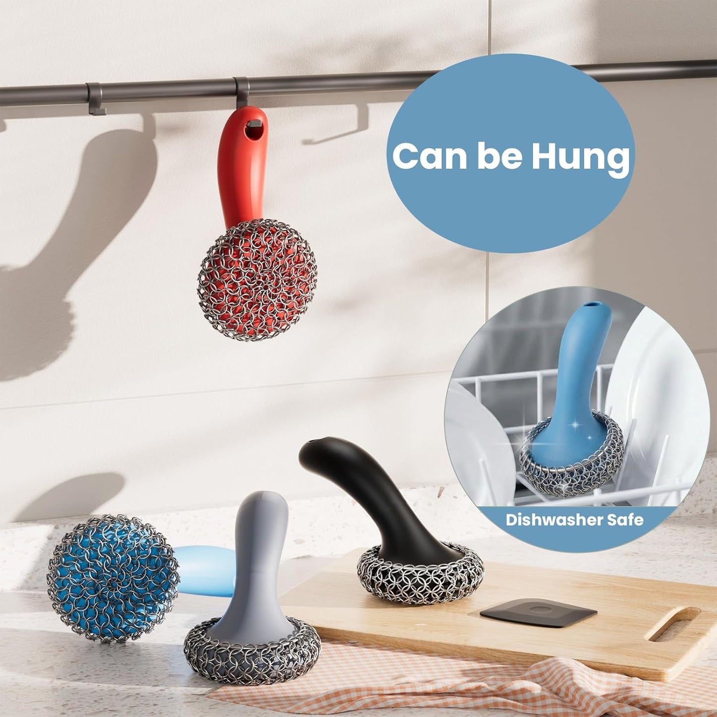 Cast Iron Scrubber with Long Handle | 316 Cast Iron Cleaner Chainmail Scrubber for Pan Skillet Cleaner - Dish Scouring Pad Dishwasher Safe Cleaning Kit (Blue, 1 Scrubber + 1 Scraper)
