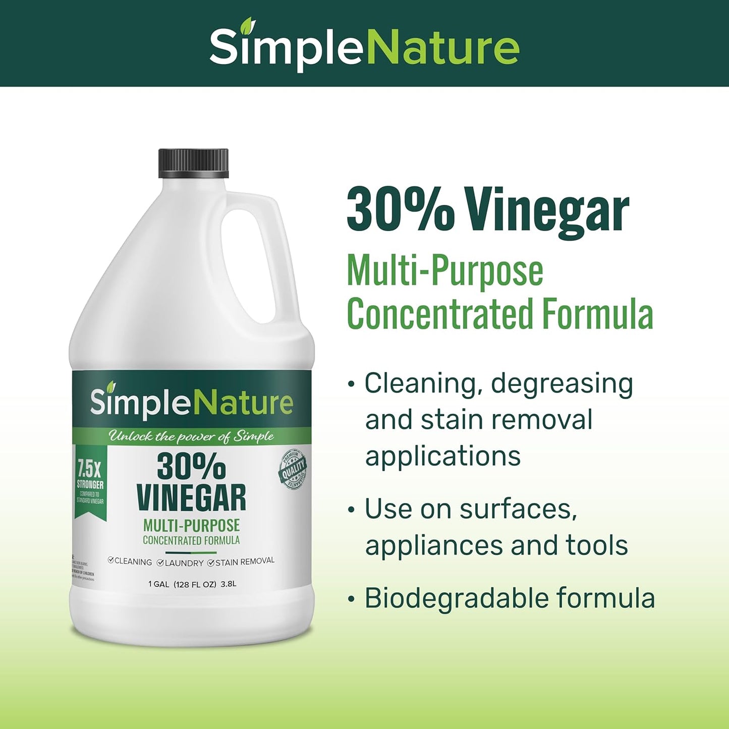 SimpleNature 45% Vinegar (1 Gallon) - Highly Concentrated Vinegar for Heavy-Duty Cleaning Power for Home & Patio, Limescale Removal & DIY Formulas - Dilutes Easily - Free of Dyes or Fragrance