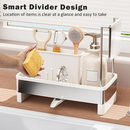 Sponge Holder for Kitchen Sink,Sink Caddy Organizer with Removable Brush Holder,Kitchen Countertop Soap Dispenser Storage with Detachable Towel Rack,Black