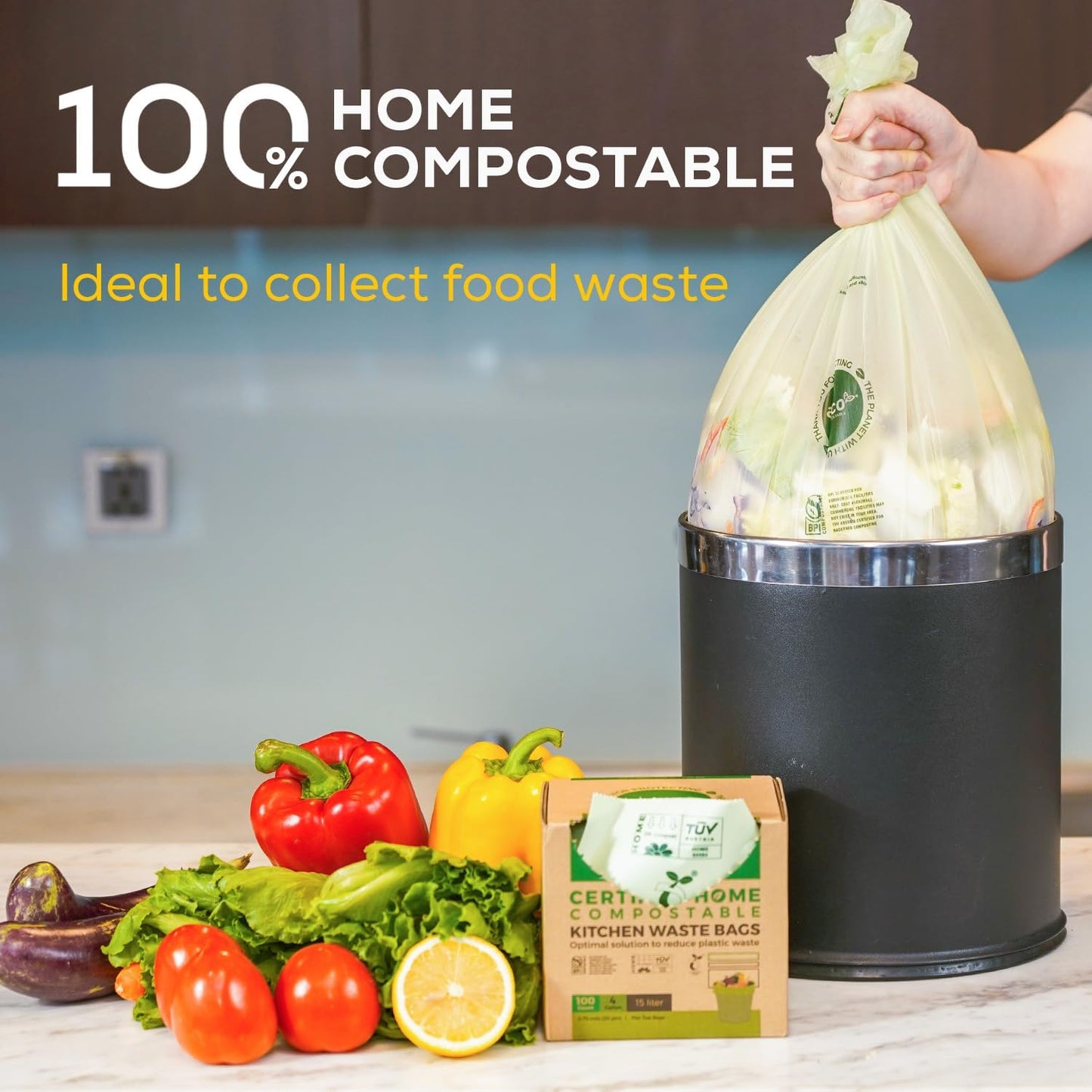 (Include 10 Bonus Bags) ANECO 100% Compostable Waste Bags 2.6 Gallon, Extra Thick Kitchen Small Compost Bags for Countertop Bin, 110 Count (100 + 10 Extra)