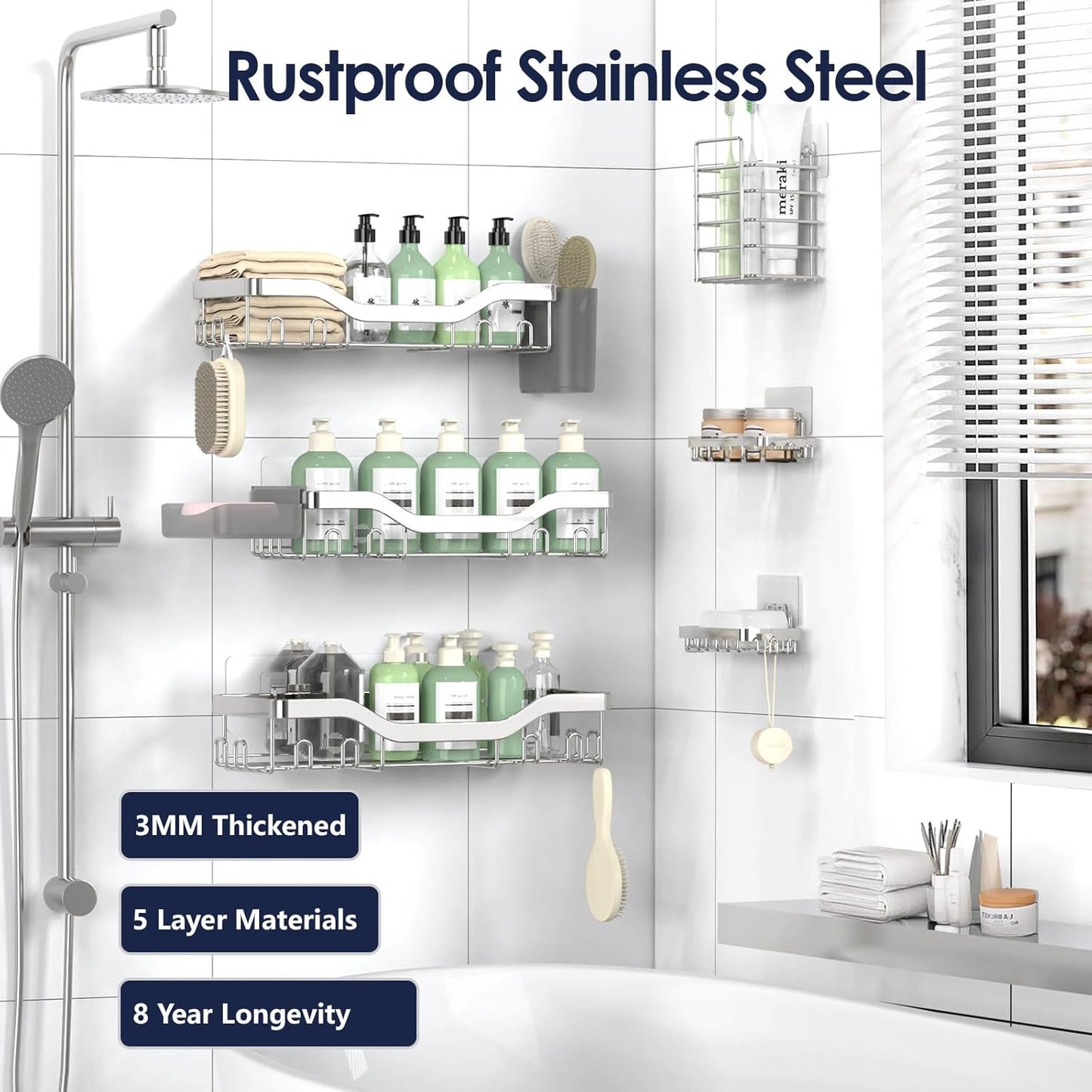 NESOMI Shower Caddy Adhesive Shower Organizer 7-Pack, Rustproof Stainless Steel Bathroom Shelves, Large Capacity No-Drill Rack Storage Accessories with Soap Dish Toothbrush Holder &24 Hooks Home Decor