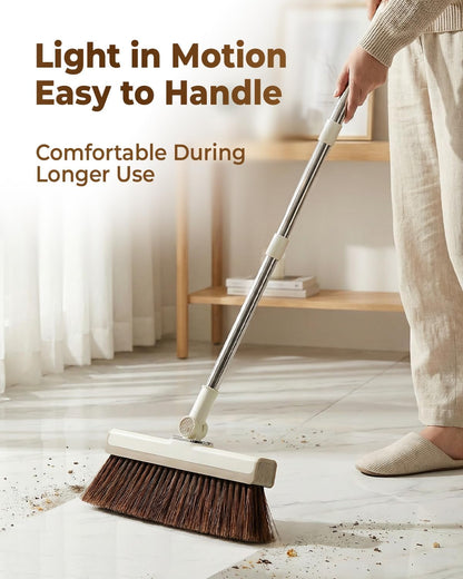 INDCAN Broom and Dustpan Set for Home, 54 Inch Long Handle Upright Broom, Rotatable Broom Head with Magnetic Mount & Self-Cleaning Teeth Comb, Indoor Floor Sweeping Set (Santra Pro) - Sandstone Beige