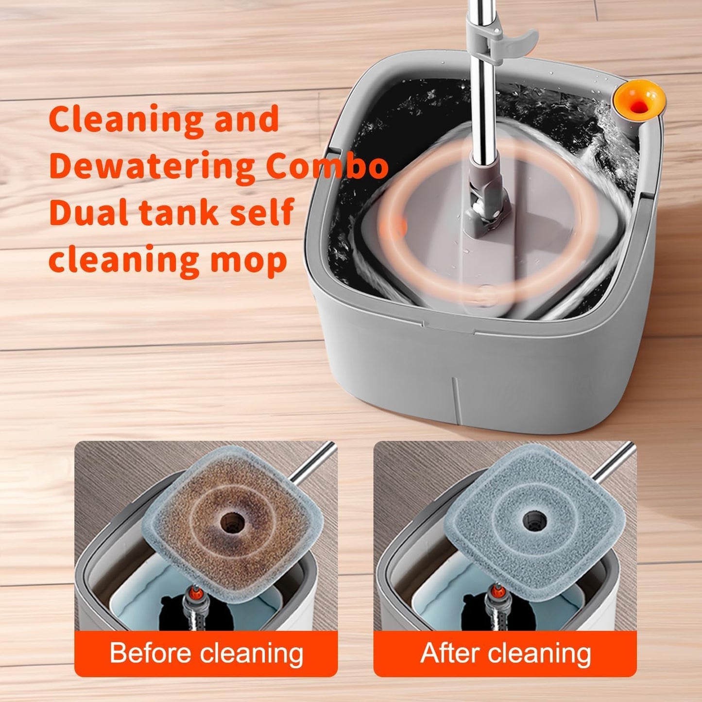 Spin Mop and Bucket Set with Self Separation Dirty and Clean Water System Self Wringing 360° Rotating Clean Mop-Head for Hardwood Tile Marble Floors (Mop Set with 6 Pads)-Grey