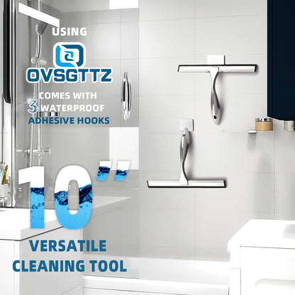 Stainless Steel Shower Squeegee for Glass, Includes 3 Adhesive Hooks, Shower Door Squeegee for Bathroom, Household Window, Car Windshield, Mirrors, Tiles Scrubber Clear, 12 inch Black