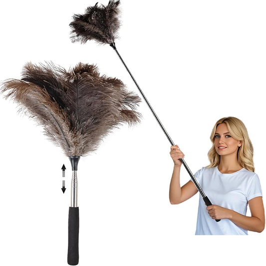 THARAHT Extendable Ostrich Feather Duster up to 27-94 inches Fluffy Feathers Long Handle Reusable for Cleaning Ceiling Fan Pendant lamp High Ceiling Blinds Furniture Feather Duster