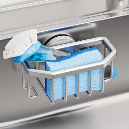 TAILI 4-in-1 Sink Caddy with Strong Suction Cup, Sponge Holder for Kitchen Sink Organizer, Removable, Rustproof, Stainless Steel Holder for Sponge, Brush, Scrubber, Scraper - Silver