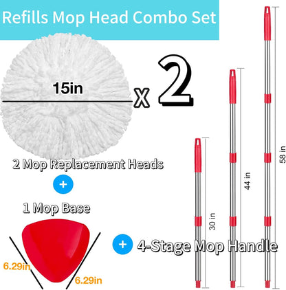 2 Pack Spin Mop Replacements Head Compatible for O ceda EasyWring 1 Tank System, Microfiber Mops Refills Hardwood Floor Cleaning, Base and 30-58in Handle Set Combo