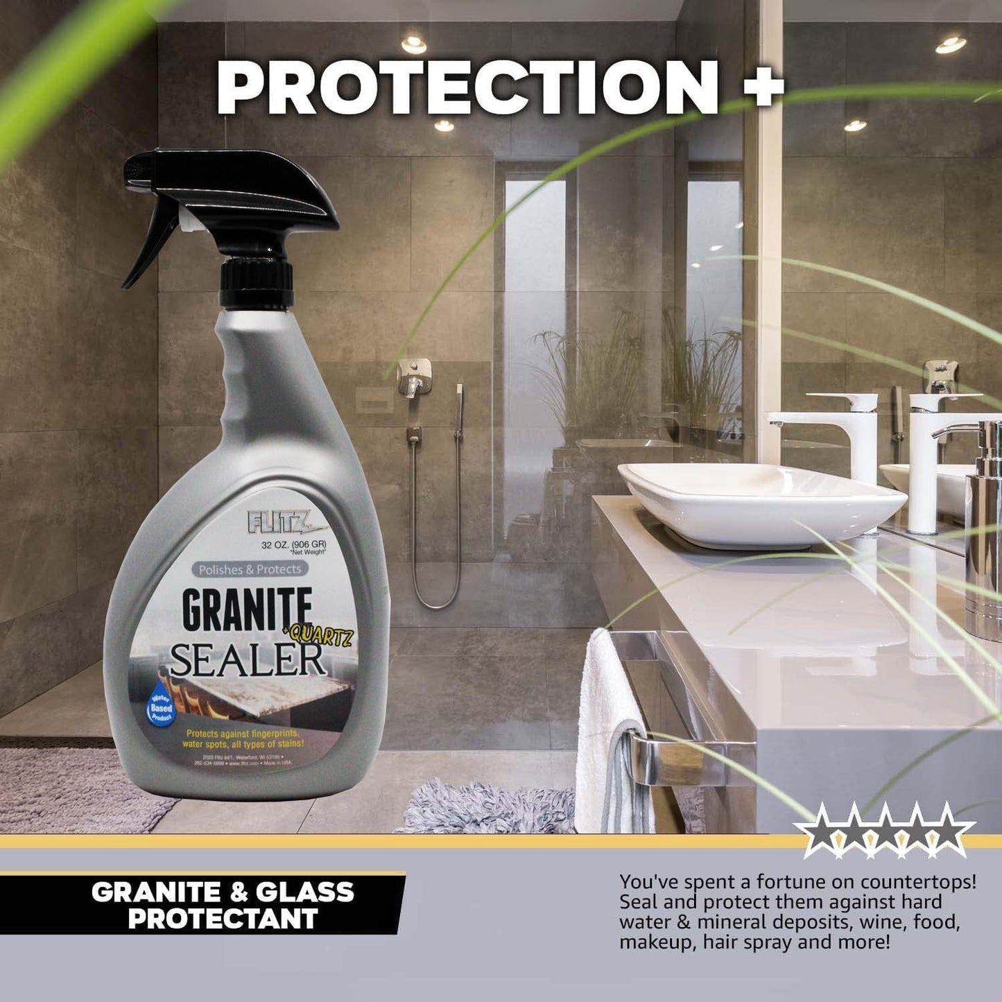 Flitz Granite & Glass Protectant - 16oz Bottle of USA-Made Granite Sealer and Glass Countertop Protector - Cleans & Prevents Liquid, Stains, & Others - Also Works on Marble & All Metals (1 Pack)