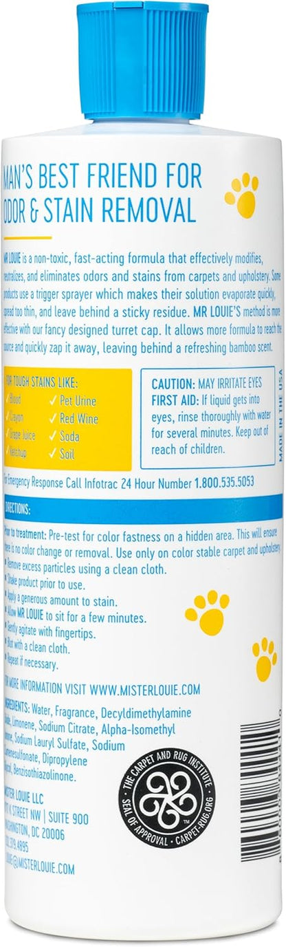 MR LOUIE Stain & Odor Remover for Carpet & Upholstery - Precision Pour No-Spray Cleaner Tough on Dog & Cat Urine, Vomit & Kid Stains with No Chemical Scent- Safe for Kids & Pets (16oz)