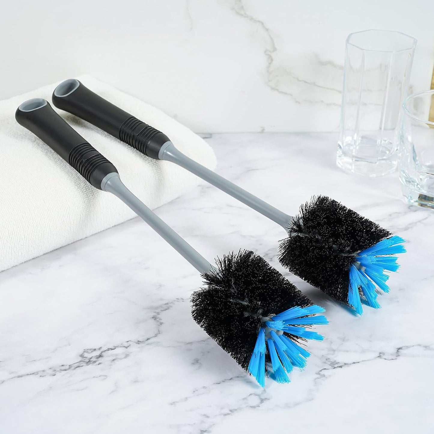 MOSOLAN Water Bottle Cleaning Brush, Long Handle Flexible Scrub Brush for Water Bottles, Glasswares, Mugs, Flasks, Tumblers, Vases, and Kitchen Sink, 2 Pack
