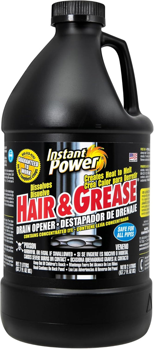 Instant Power Hair and Grease Drain Cleaner - Shower Drain & Sink Cleaner, Liquid Clog Remover, Made in USA, Sink Deodorizer - 1 Liter (Pack of 2)