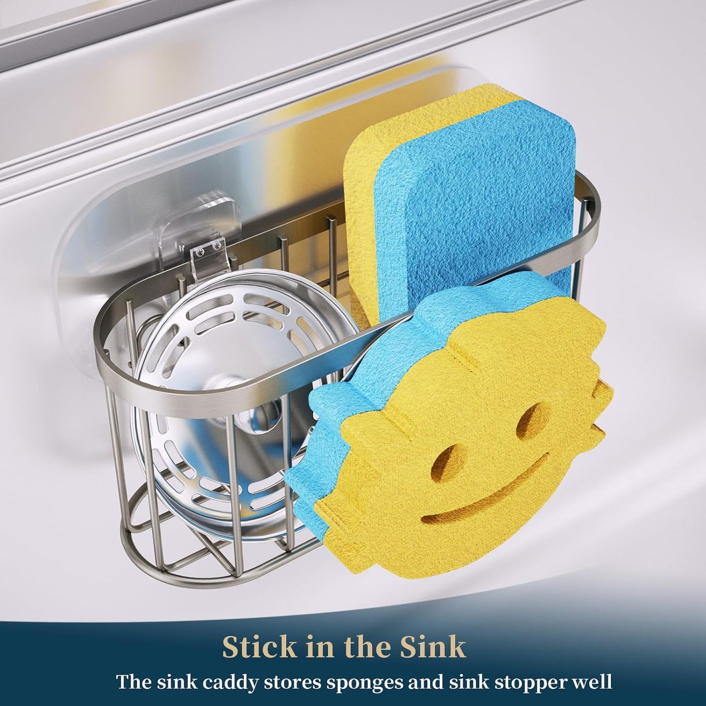 Consumest Sponge Holder Sink Caddy - Ladder Shaped Sponge Holder for Kitchen Sink with 2 Installation Ways (Suction Cups & Adhesive Hook), Rustproof Stainless Steel Kitchen Organizer, Silver