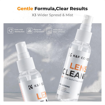 K&F CONCEPT Lens Cleaner Spray Kit | 60ML Glasses Cleaner x2 + Microfiber Cleaning Cloth x2 | Lens and Screen Cleaning Kit | Alcohol Free Eyeglasses, Camera, VR/AR Headset, and Screen Cleaning