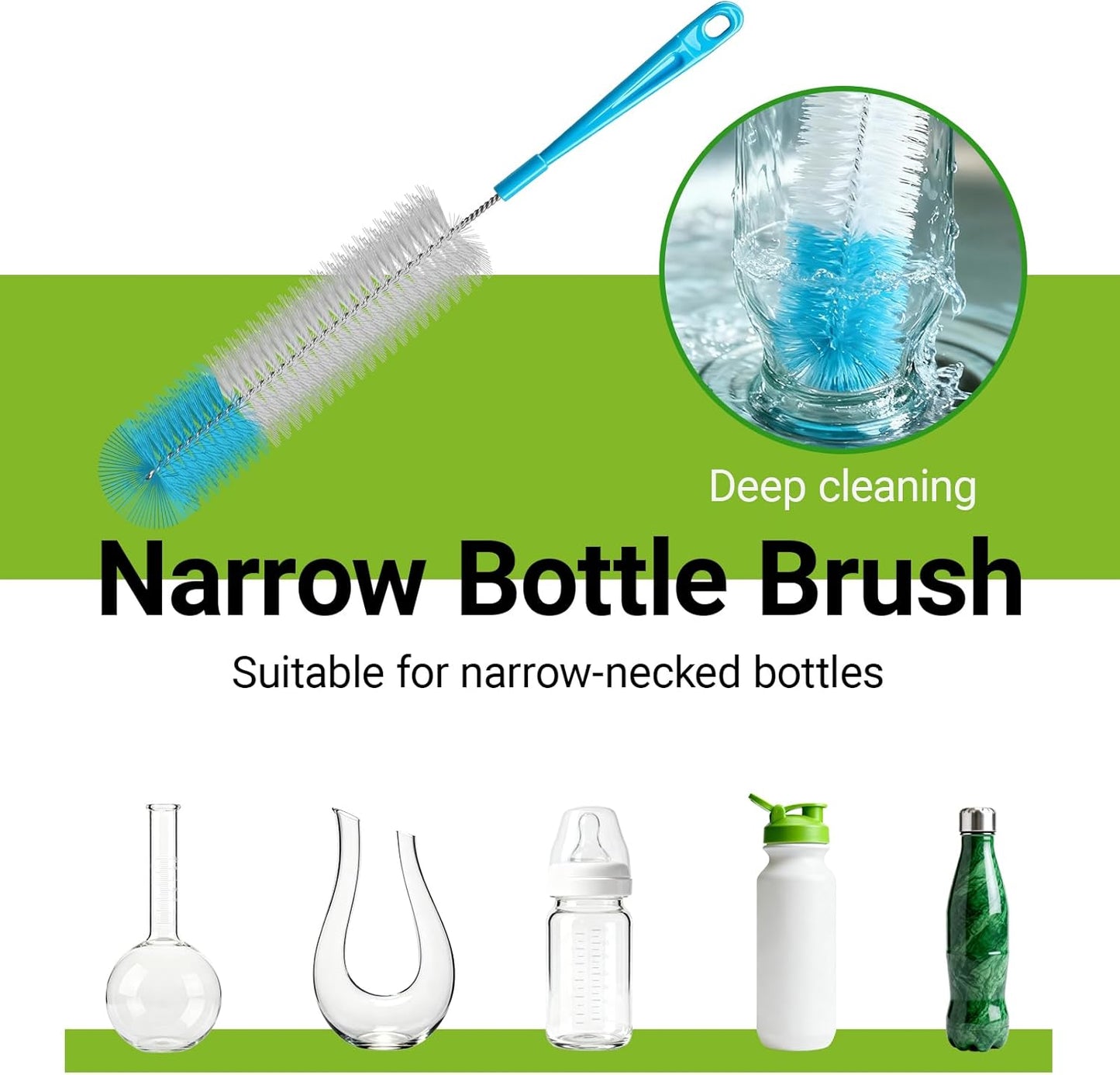 Water Bottle Brush, 15 Inches Bottles Brush, Long Handle Water Bottle Cleaner Brush, Kitchen Cup Brush Built for Cleaning Cup, Wine Glasses, Coffee Mugs, Tumblers, Wine Decanters, Blue