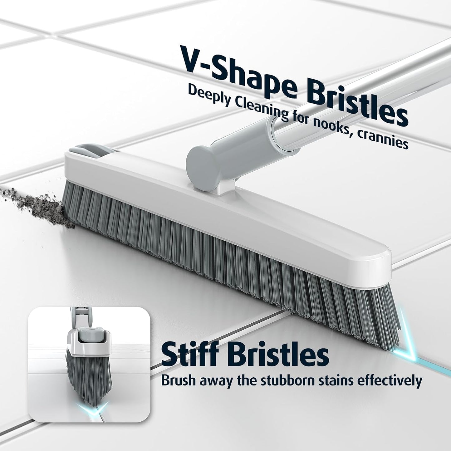 AIR U+ Grout Brush with Long Handle 180° Swivel Scrub Brush with Tweezers to Hair Clip V-Shape Grout Line Scrubber Stiff Bristles for Deep Cleaning Crevice, Tile Line, Shower, Kitchen, Corners