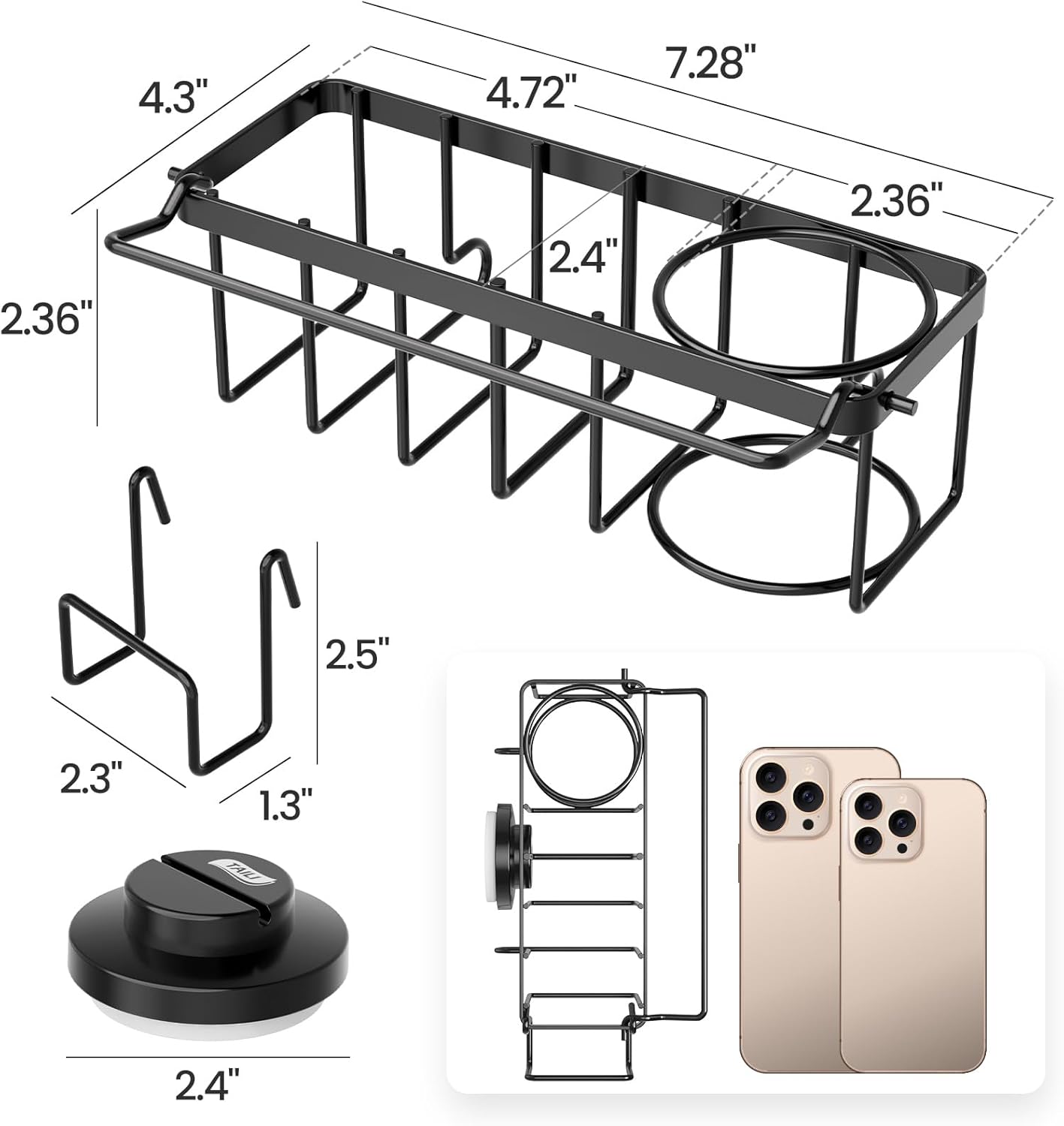 TAILI Sponge Holder for Kitchen Sink with Strong Suction Cup, Rustproof Aluminum Sink Caddy for Sponges, Removable Sponge Holder, Dish Brush for Scraper - Silver