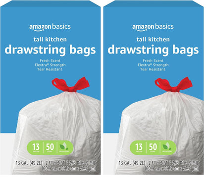 Amazon Basics Flextra Strength Tall Kitchen Drawstring Trash Bags, Fresh Scent, Tear Resistant, 13 Gallon, 120 Count
