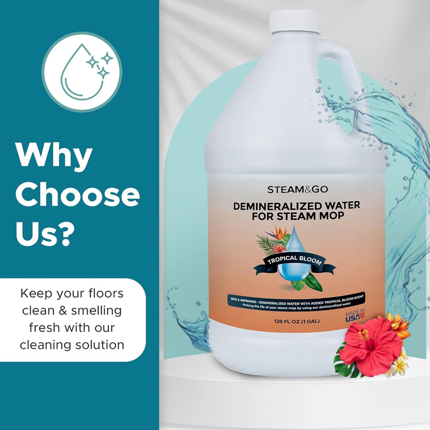 Steam & Go Demineralized Water for Steam Cleaner - PVC-Free Floor Cleaning Solution Compatible for All Steam Mops - Multi-Surface Cleaner for Home Surfaces - Tropical Bloom Scent, 32 oz