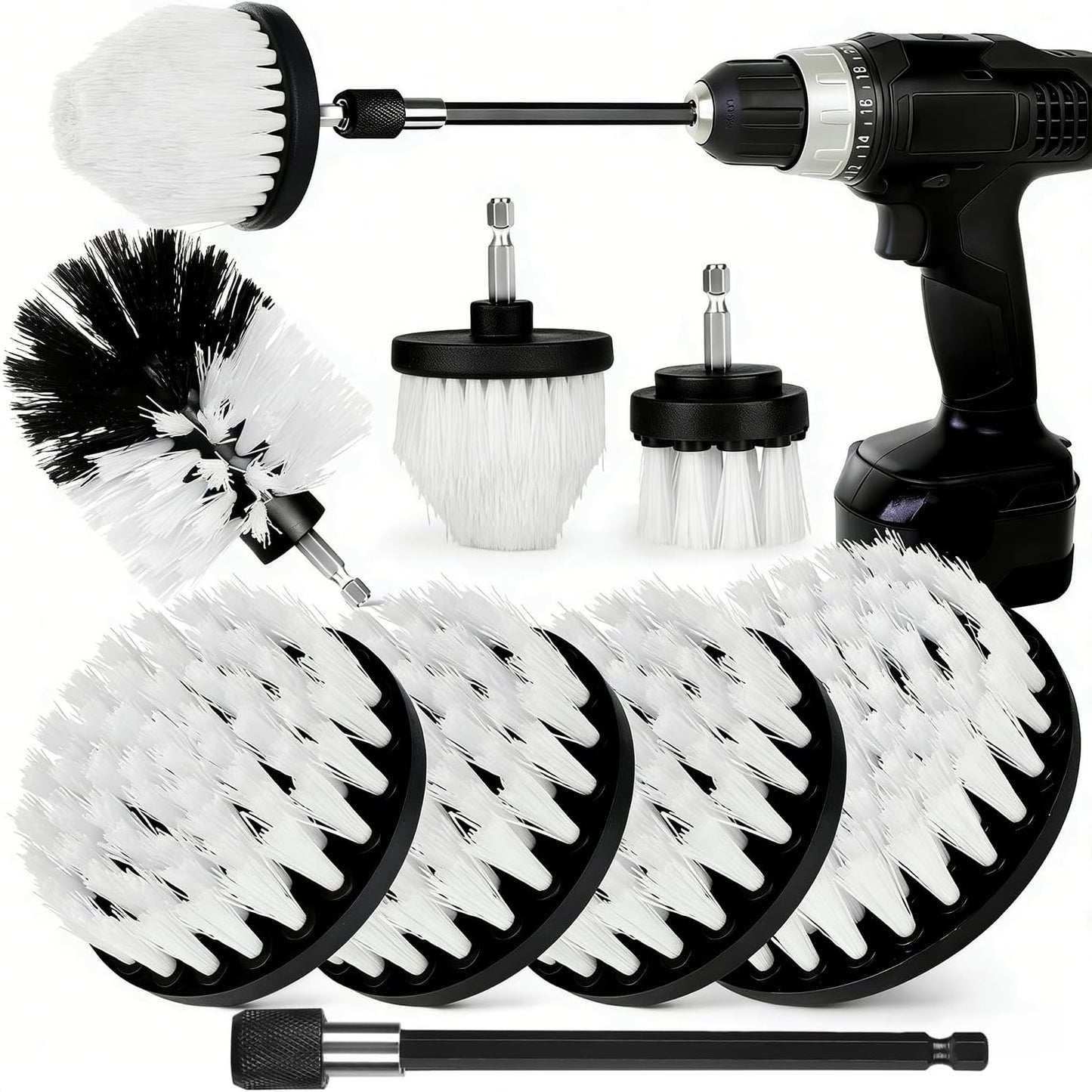 8 Pack Drill Brush Attachment Set,1/4in Power Scrubber Brush + Extend Long Rod, Power Cleaning Scrub Brush for Bathroom, Tub, Tile, Floor, Grout, Boat(White)