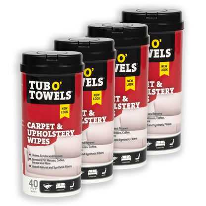 Tub O' Towels Carpet, Rug, and Upholstery Cleaning Wipes - Extra Strength Stain Remover, Odor-Fighting Power, Safe on Natural & Synthetic Fibers, 40-7” x 8” Wipes Per Tub, 2-Pack, Light Citrus Scent