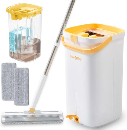 True & Tidy® TrueClean Mop & Bucket Spin Mop Pump System, Patent Pending 3 Compartments Separate Clean & Dirty Water, Hands-Free Self-Wringing Aluminum Head, Machine Washable Pads, in Gift Box
